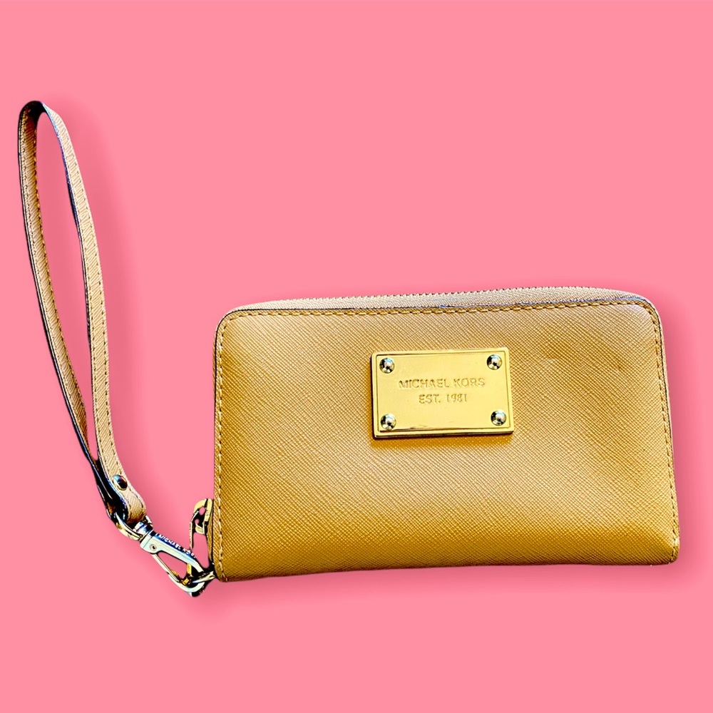 Michael Kors Tan and Gold Medium Sized Wristlet with Gold Hardware